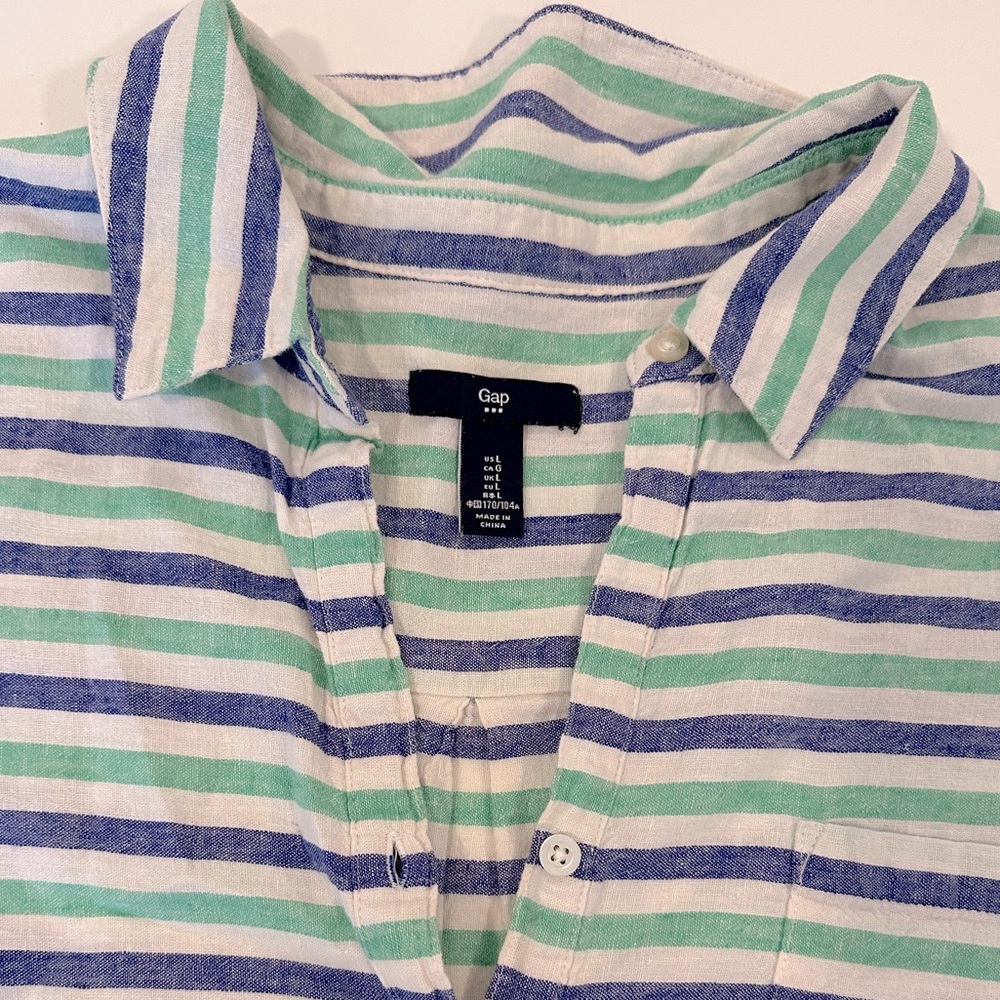 Gap linen textured blue and green striped popover shirt - Women’s size large